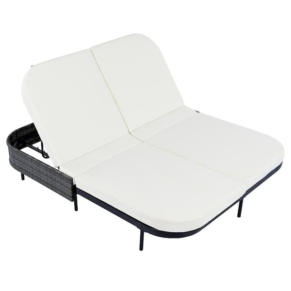 Black Wicker Outdoor Day Bed with 5-Position Adjustable Backrest and Beige Cushions ​