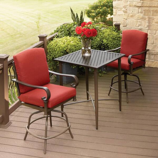 Hampton Bay Oak Cliff 3-Piece Metal Outdoor Balcony Height Bistro Set with Chili Cushions