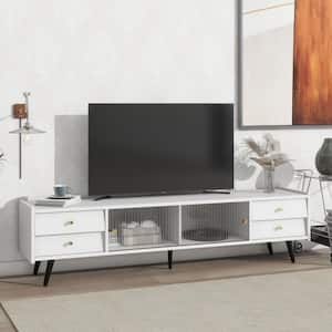 67 in. Chic White Media Console TV Stand Cabinet with Sliding Fluted Glass Doors, Slanted Drawers for TVs Up to 70 in.