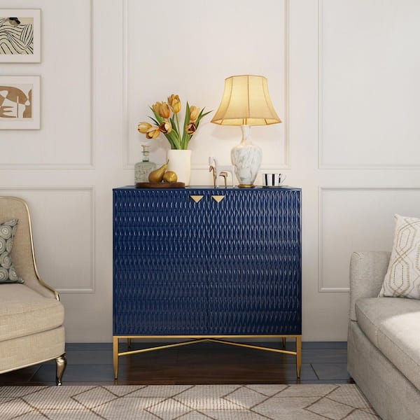 Clihome Modern High Gloss Blue 33 in. Accent Cabinet with Diamond Doors Gold Metal Legs and Adjustable Shelf