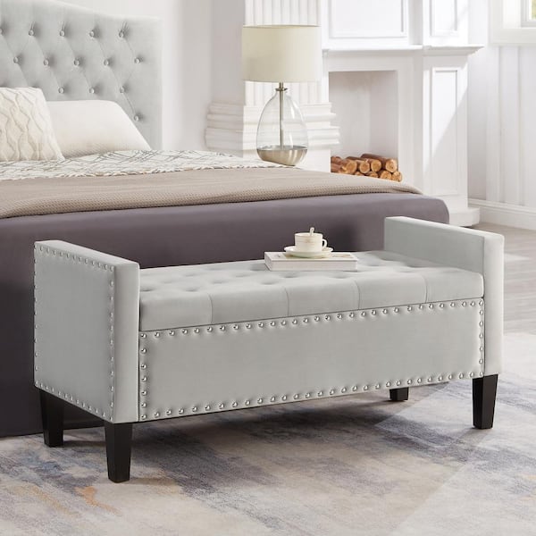 Gray 48 in. Bedroom Bench Upholstered Tufted Button Storage Bench Entryway Bench with Nails Trim