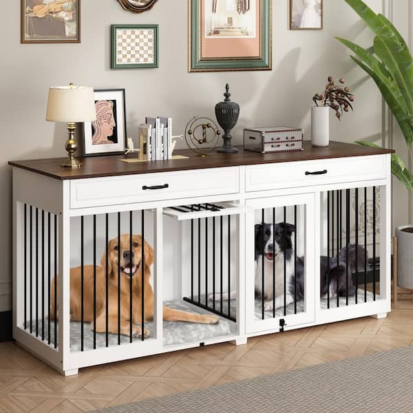 FUFU&GAGA Indestructible Dog Kennel with Removable Irons for 2 Medium Dogs, Modern Large Dog Crate Furniture with 2 Drawers, White