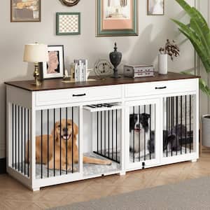 Indestructible Dog Kennel with Removable Irons for 2 Medium Dogs, Modern Large Dog Crate Furniture with 2 Drawers, White