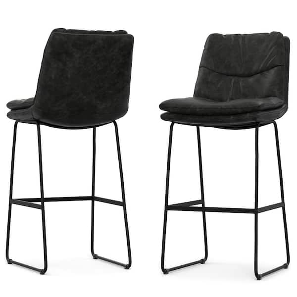 Simpli Home Danika 29 in. Distressed Charcoal Grey Low Back Metal Vegan Faux Leather Mid Century Modern Bar Stool (Set of 2)