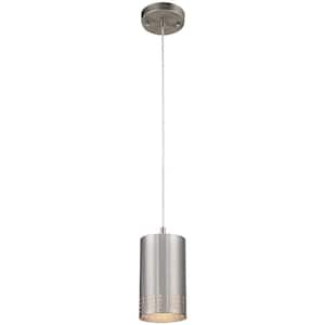 1-Light Brushed Nickel Adjustable Mini Pendant with Perforated Metal Cylinder Shade