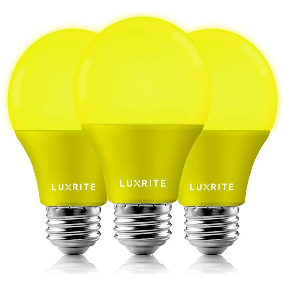 LUXRITE 60-Watt Equivalent A19 Bug LED Light Bulb Yellow Light Bulb  (3-Pack) LR21490-3PK - The Home Depot, image size:1000x1000