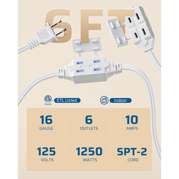 6 ft. 16/3 SPT-2 Indoor Extension Cord with 2-Groups 3-Polarized Outlets and Safety Cap Protect, (2-Pack) White