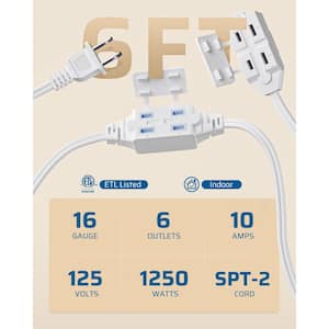 6 ft. 16/3 SPT-2 Indoor Extension Cord with 2-Groups 3-Polarized Outlets and Safety Cap Protect, (2-Pack) White