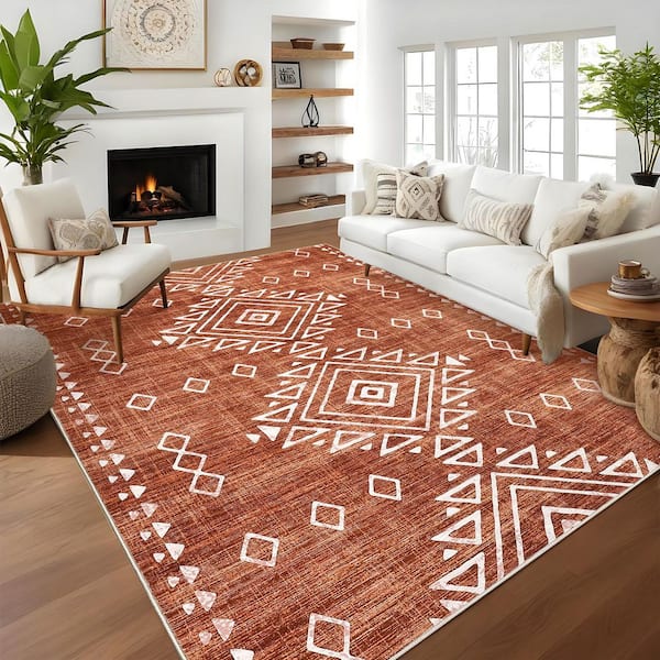 Brick Red 9x12ft Geometric Retro Corridor Strip Carpet Tribal Style Distressed Area Rug