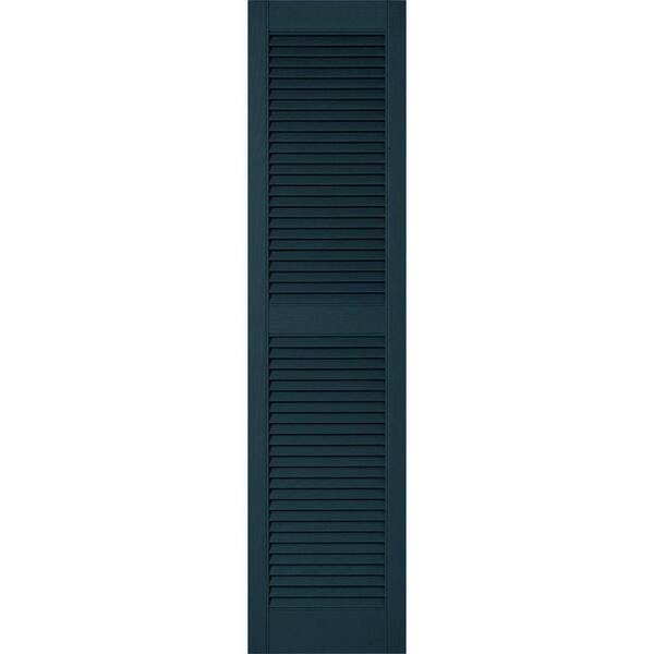 Ekena Millwork 12 in. x 66 in. Lifetime Vinyl Custom Straight Top Center Mullion Open Louvered Shutters Pair Midnight Blue