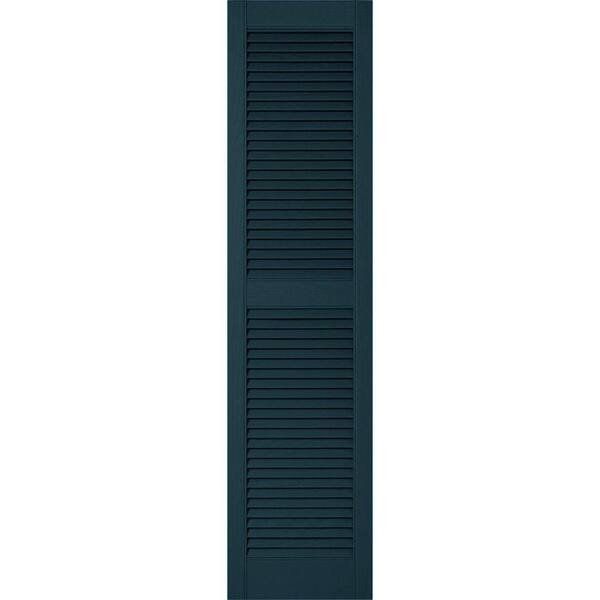 Ekena Millwork 14-1/2 in. x 45 in. Lifetime Vinyl Custom Straight Top Center Mullion Open Louvered Shutters Pair Midnight Blue