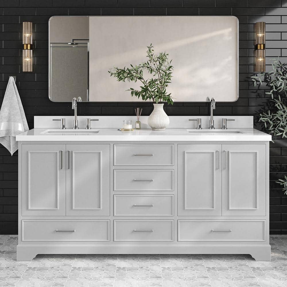 Stafford 72 in. Double Sink Freestanding Bathroom Vanity in Gray with Pure White Quartz Top price history on PriceWatchPro