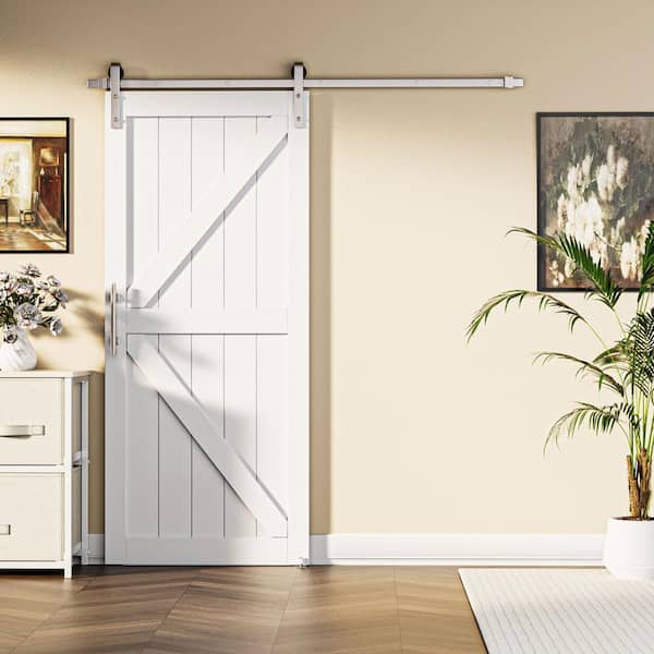 36 in. x 84 in. Paneled White Primed MDF British K-Shape MDF Sliding Barn Door with Hardware Kit Nickel-Plated