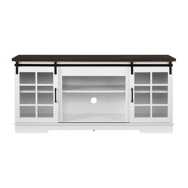 White + Brown TV Stand Entertainment Center Fits TVs Up to 60 to 65 in. with Sliding Fluted Glass Doors