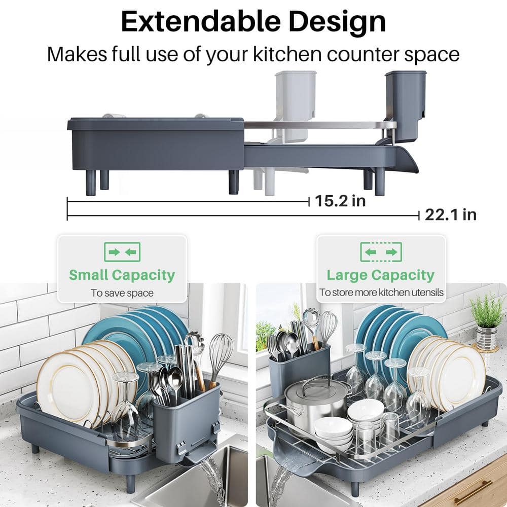 Gray Stainless Steel Expandable Dish Drying Rack with Utensil Holder