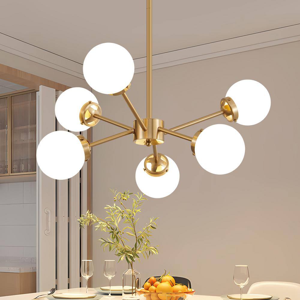 Adjustable Brass Sputnik Chandelier with Milk Glass Shades