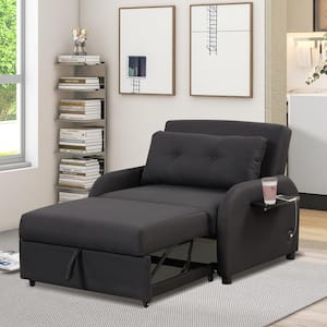 73.4 in in. Black Linen Twin Size Reversible Sleeper Sofa Bed with 2 Side Shelf