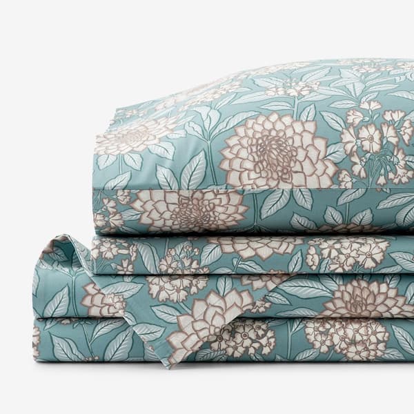 The Company Store Company Cotton Zinnia Garden Teal Cotton Percale Queen Sheet Set
