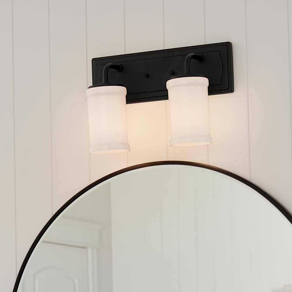 Vetivene 15.25 in. 2-Light Textured Black Vintage Bathroom Vanity Light with Opal Glass Shades price history on PriceWatchPro