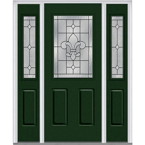 MMI Door 68.5 in. x 81.75 in. Carrollton Decorative Glass 1/2 Lite Painted Fiberglass Smooth Exterior Door with Sidelites