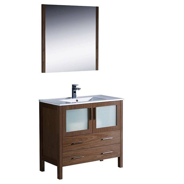 Fresca Torino 36 in. Vanity in Walnut Brown with Ceramic Vanity Top in White and Mirror