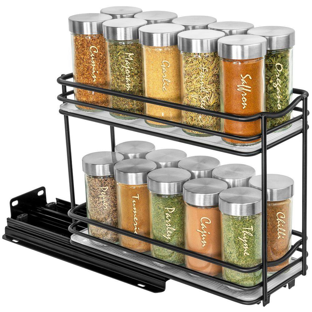 Black Powder-Coated Steel 2-Tier Pull Out Spice Rack Organizer