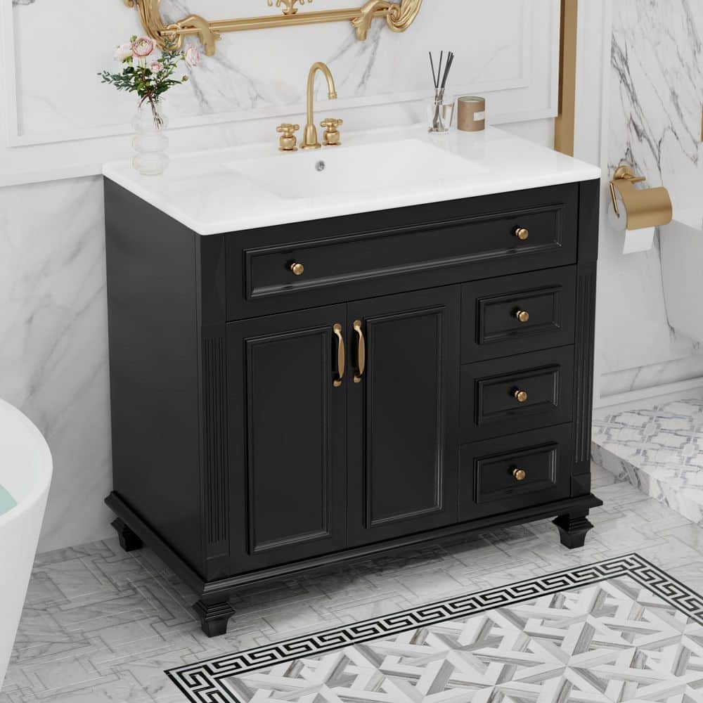 36 in. Single Sink Freestanding Black Bath Vanity with White Ceramic Top and 4 Drawers Storage Door Cabinet Unassembled price history on PriceWatchPro