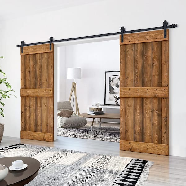 72 in. x 84 in. Mid-Bar Series Walnut Stained Solid Knotty Pine Wood Interior Double Sliding Barn Door with Hardware Kit