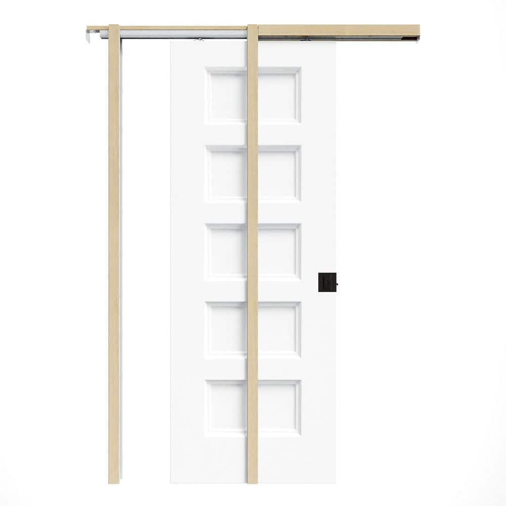 28 in. x 80 in. White Primed 5-Paneled Hollow Core Wood Pocket Door with Hardware Kit (Soft Close and Black Lock Incl) price history on PriceWatchPro