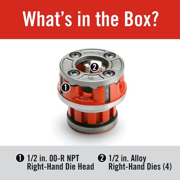 1/2 in. 00-R Manual Ratchet NPT Pipe Threading Right Hand Die Head + Alloy Dies (1 Die Head + 4 Dies)