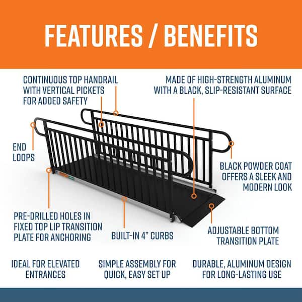 GATEWAY 3G 9 ft. Aluminum Solid Surface Black Wheelchair Ramp with Black Vertical Picket Handrails