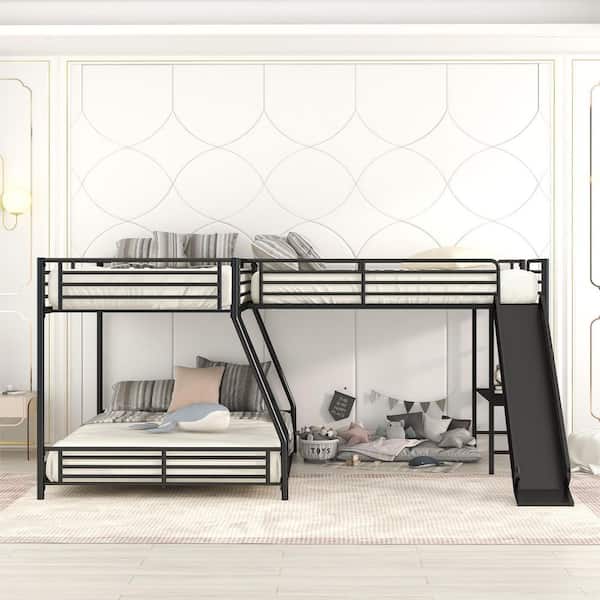 Black L-Shaped Twin over Full Bunk Bed with Loft Bed, Triple Kids Metal Bunk Bed, Metal Frame Bunk Bed, Kids Bunk Bed
