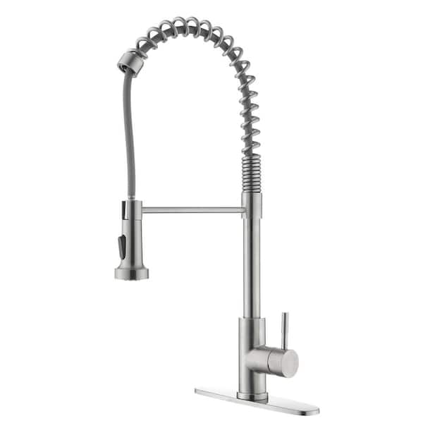 Lukvuzo Single Handle Pull Down Sprayer Kitchen Faucet with High Arc Gooseneck and Deck Plate in Brushed Nickel