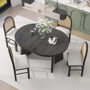 Retro 5-Piece Oval Espresso Wood Top Extendable Dining Table with 4 Rattan Backrests and Upholstered Chairs