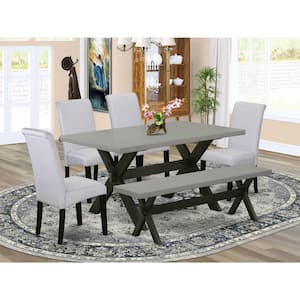 6-Piece Rectangle Natural Oak Finish Solid Wood Top Dining Table with 1-Bench, 4 Upholstered-Chairs with Lattice Back