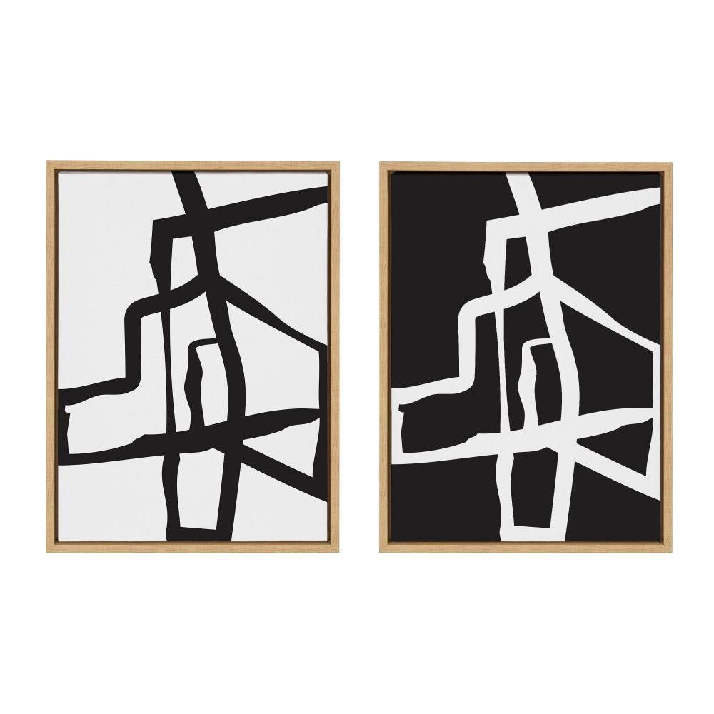 Bold Black and White Abstract Canvas Art Set with Natural Frame