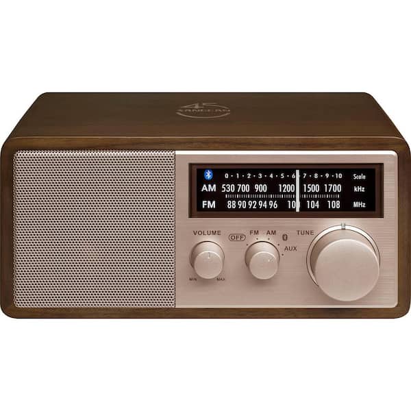 Sangean AM/FM/Bluetooth Dark Walnut Wood Cabinet Radio with Rose Gold Face Plate and USB Charging Port