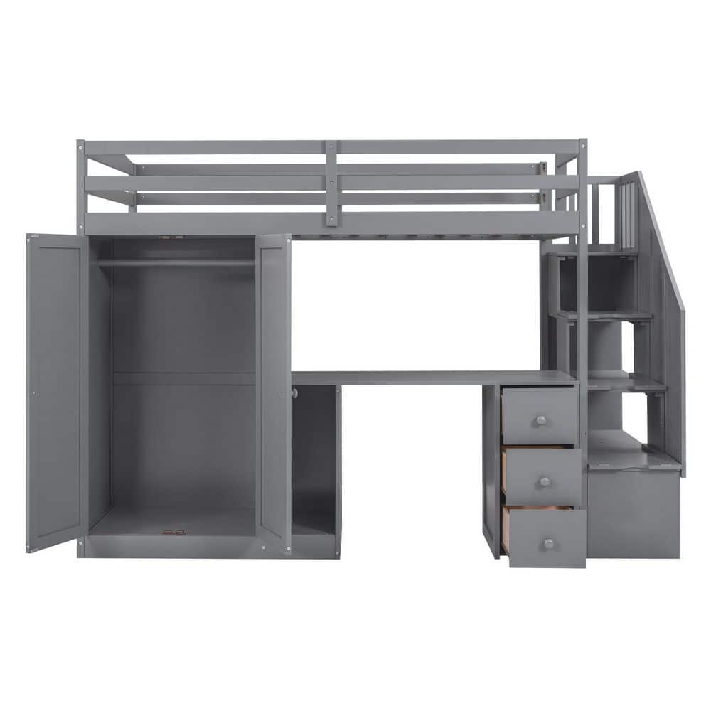 Angel Sar Gray Twin Size Loft Bed with Wardrobe and Staircase, Desk and ...