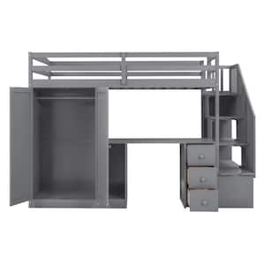 Gray Twin Size Loft Bed with Wardrobe and Staircase, Desk and Storage Drawers and Cabinet in 1