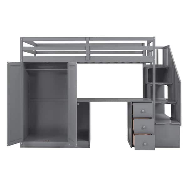 Angel Sar Gray Twin Size Loft Bed with Wardrobe and Staircase, Desk and Storage Drawers and Cabinet in 1