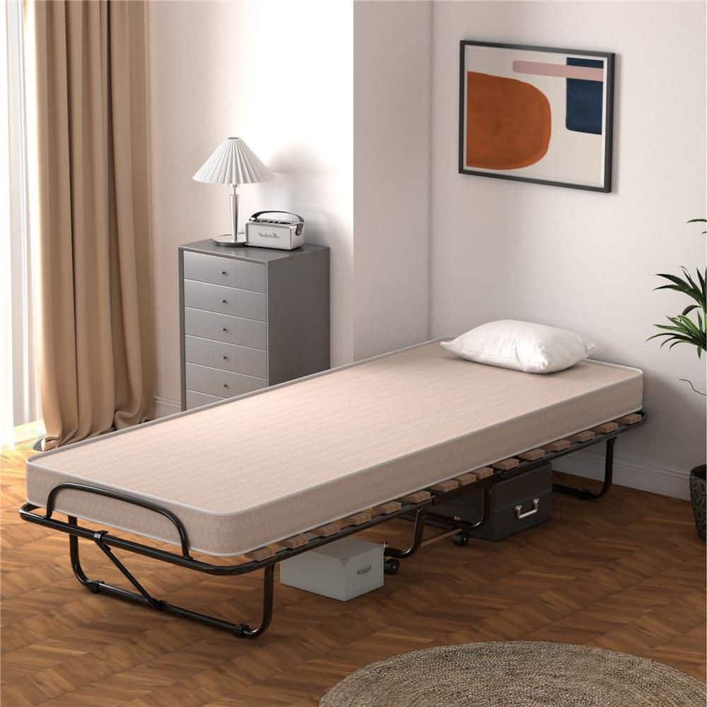 Portable Memory Foam Folding Bed with Mattress Rollaway Cot Beige Made in Italy - thumbnail 2