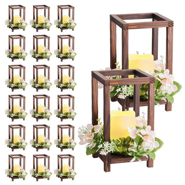 Brown Wooden Wedding Lantern Centerpiece, Includes 20-Wooden Lantern Candle Holder 20-Flameless LED Candle, 20Set/60Pcs