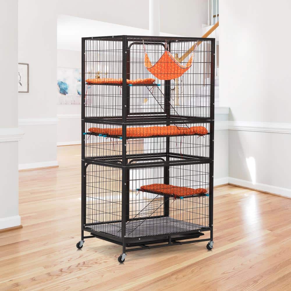 4-Story Pet Cage, Bunny Hutch with Ladder, Lockable Wheels and Removable Tr