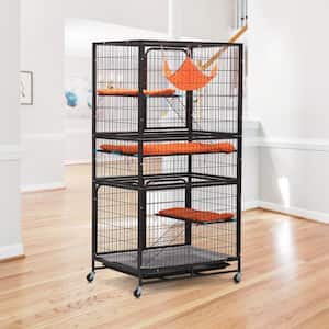 4-Story Pet Cage, Bunny Hutch with Ladder, Lockable Wheels and Removable Tray, Black and Orange
