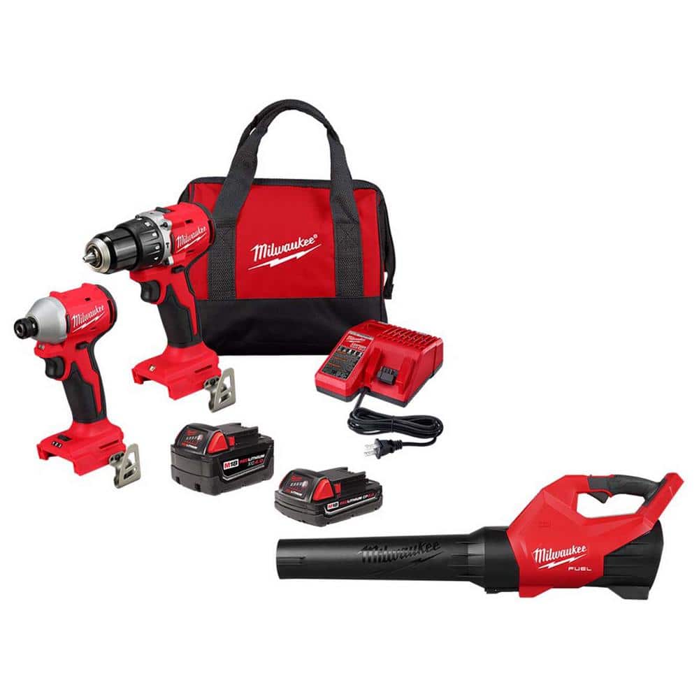 M18 18-Volt Lithium-Ion Brushless Cordless Compact Hammer Drill/Impact Combo Kit w/(2) Batteries & M18 FUEL Blower -  Milwaukee, 3693-22CX-30