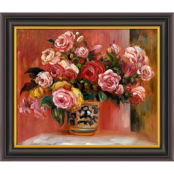 LA PASTICHE Roses in a Vase, 1914 by Pierre-Auguste Renoir Opulent Framed Abstract Oil Painting Art Print 26 in. x 30 in.