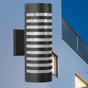 11.81 in. 2-Light Black Cylinder Modern E26 Base LED Indoor/Outdoor Porch Light Wall Lantern Sconce