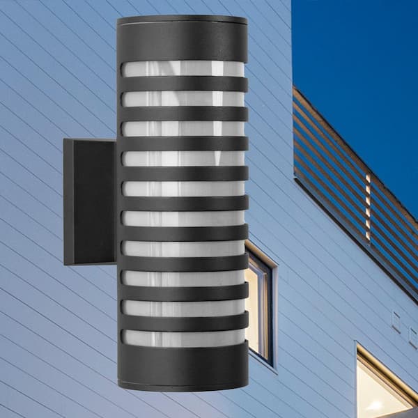 YANSUN 11.81 in. 2-Light Black Cylinder Modern E26 Base LED Indoor/Outdoor Porch Light Wall Lantern Sconce