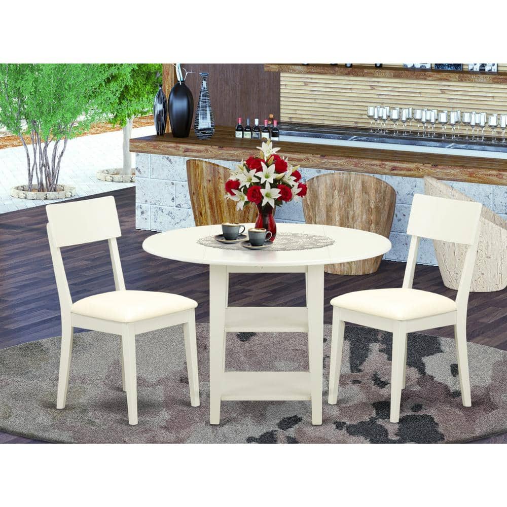 3-Piece Linen White Finish Round Solid Wood Top Dining Table Set