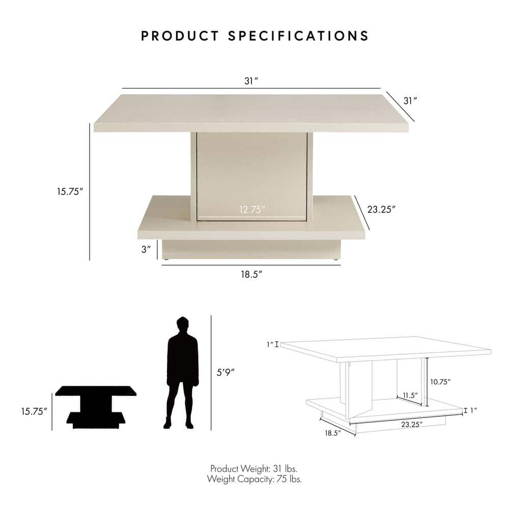 Cream Weave Square Wood Coffee Table with Hidden Storage